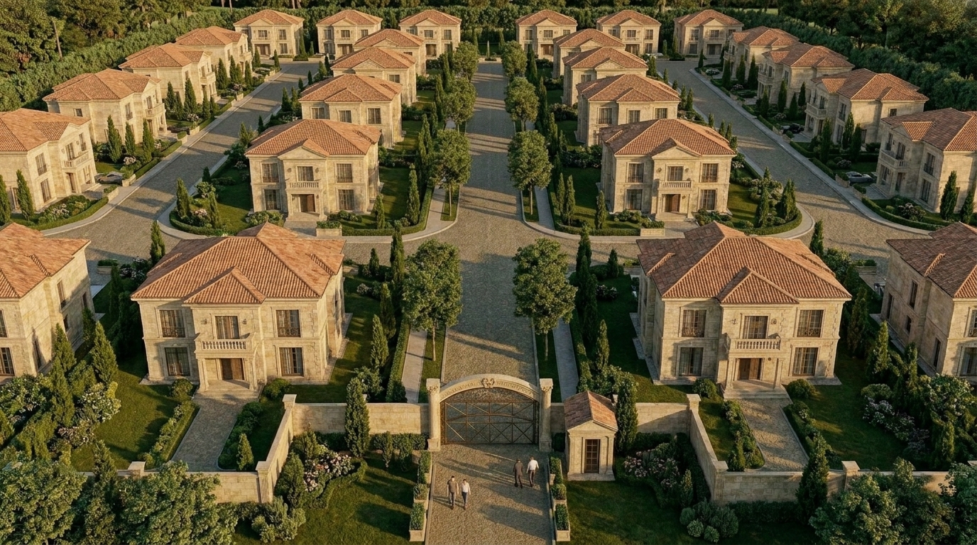 Aerial view of Monte Carlo Executive Villa: symmetrical villa lots, central cobblestone drive, terracotta roofs, and perimeter tree screening at golden hour
