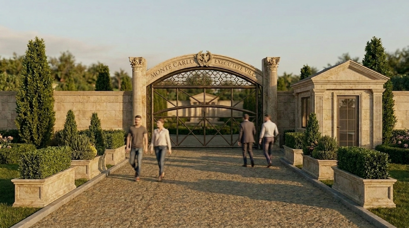Classical gate detail: Corinthian columns, carved arch with estate name, wrought iron entry, guard house and cobblestone drive at sunset