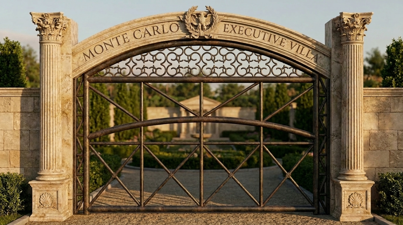 Grand limestone entrance gate with classical columns, wrought iron doors, and carved crest at golden hour — Monte Carlo Executive Villa